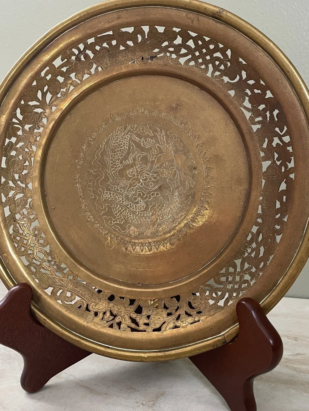 Vintage Solid Brass Dragon Decorative Plate | Engraved Pierced Openwork Rim